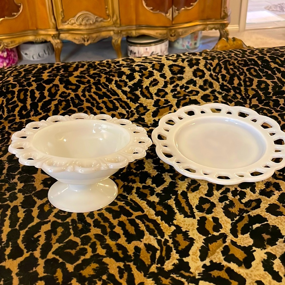 Anchor Hocking Old Colony Milk Glass Open Lace Pedestal Dish & Plate